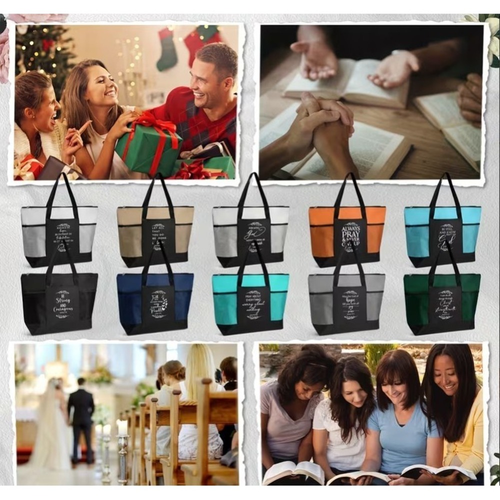 Chrisitan Tote Beach Bag x2 Scripture Bible Shopping Zip Aqua Green Gray Gift - Picture 9 of 11